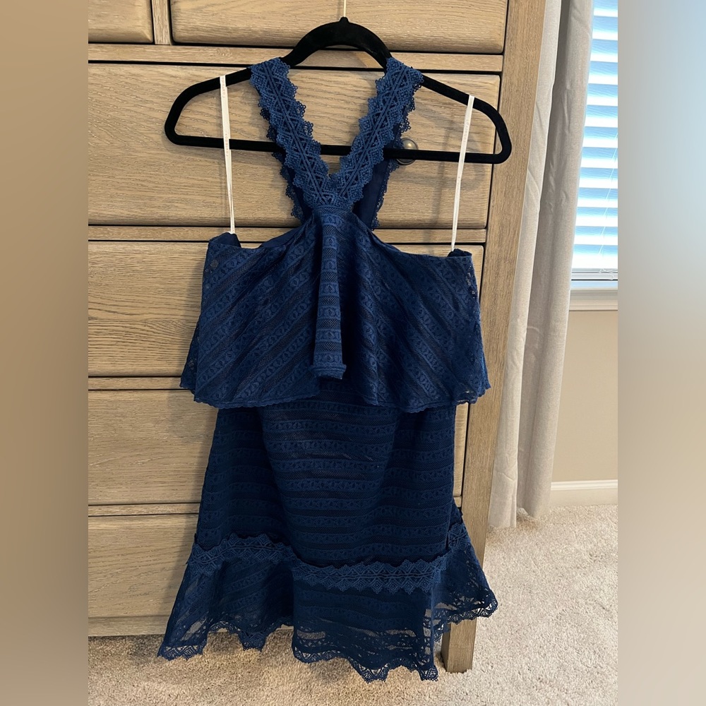 Navy Blue Lace Halter Dress